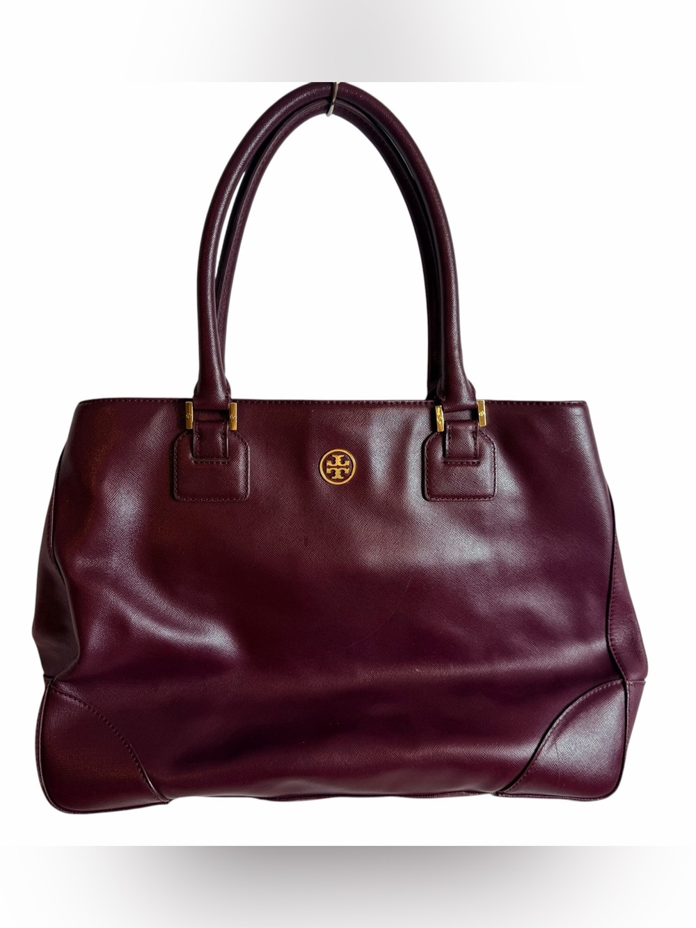 Tory Burch Burgundy Pebbled Leather Tote Gold Hardware Zip Top w/ TB Dust Cover